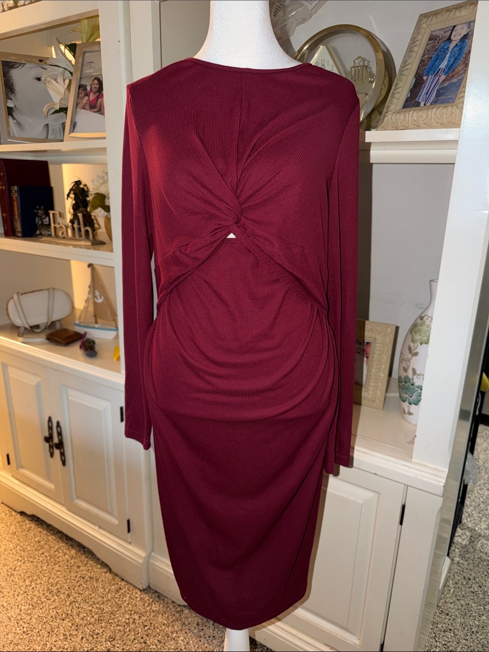 SHEIN Burgundy Long Sleeve Twist-Front Midi Dress